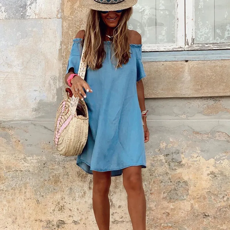 Off Shoulder Flared Sleeve Ruffled Denim Mini Dresses
