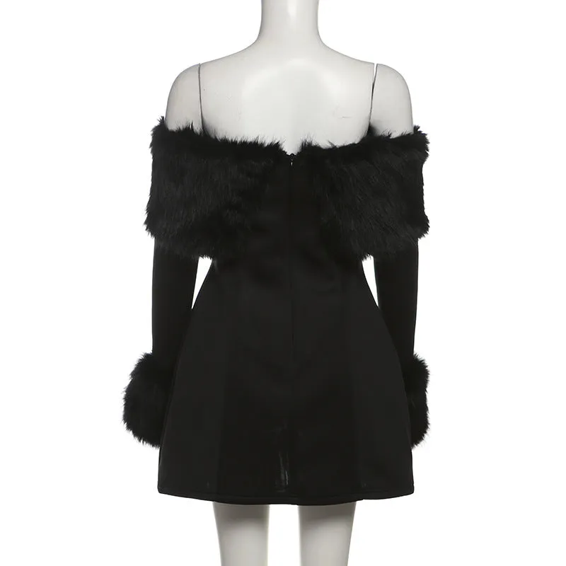 Off the Shoulder Fur Trim Mini Dress