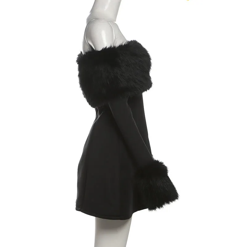 Off the Shoulder Fur Trim Mini Dress