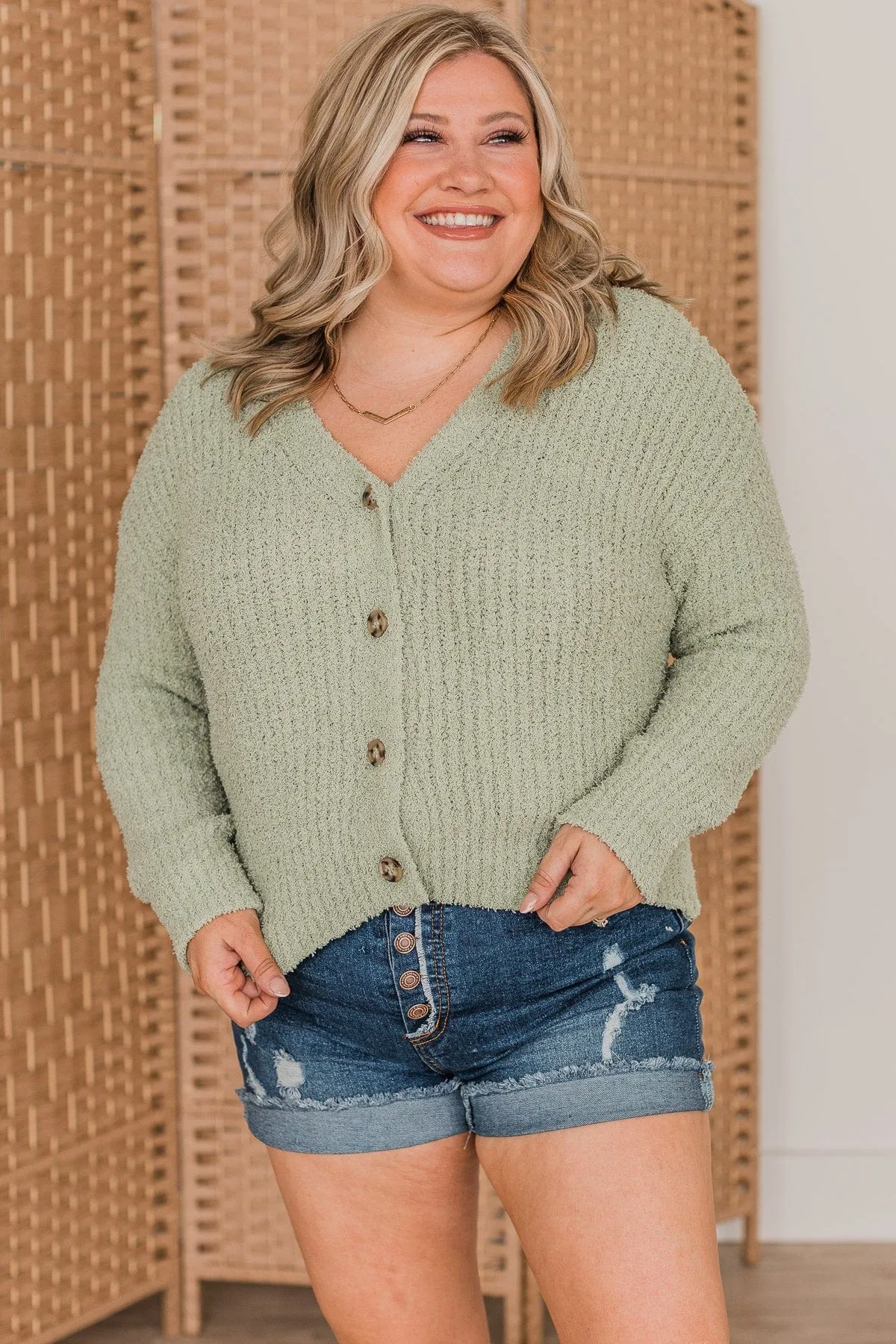 On A Cloud Knit Button Cardigan- Sage