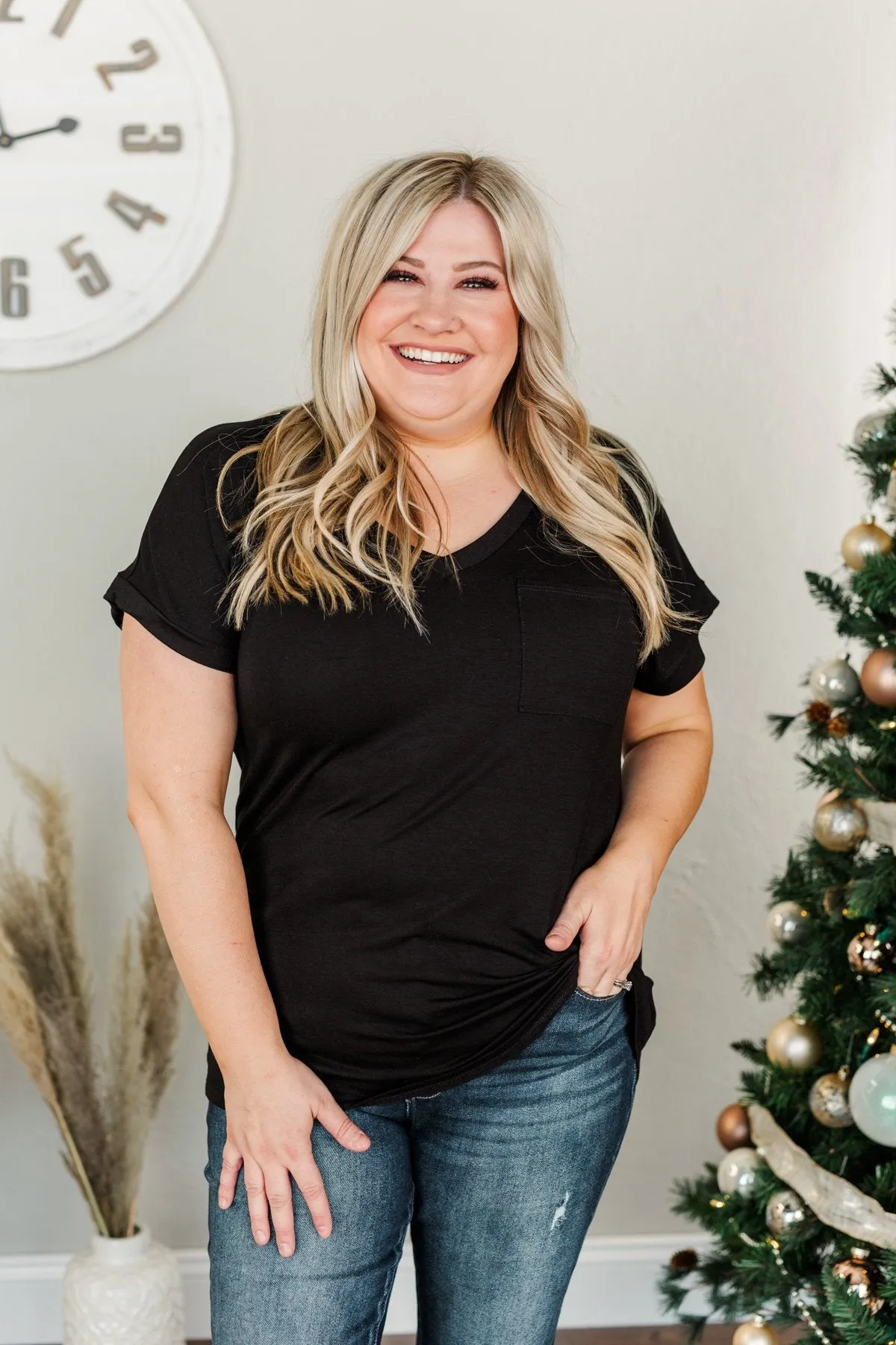 On My Own V-Neck Pocket Top- Black