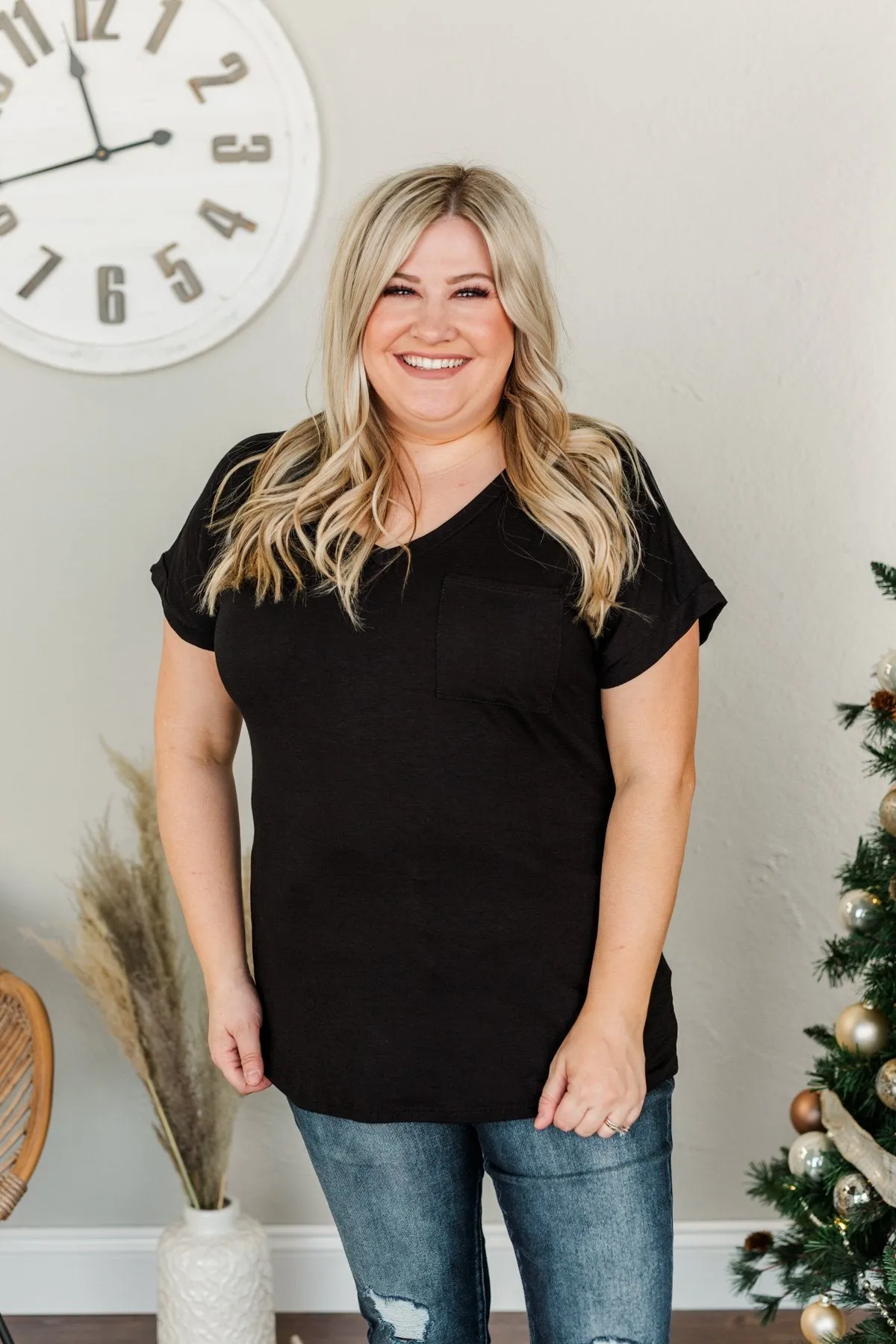 On My Own V-Neck Pocket Top- Black