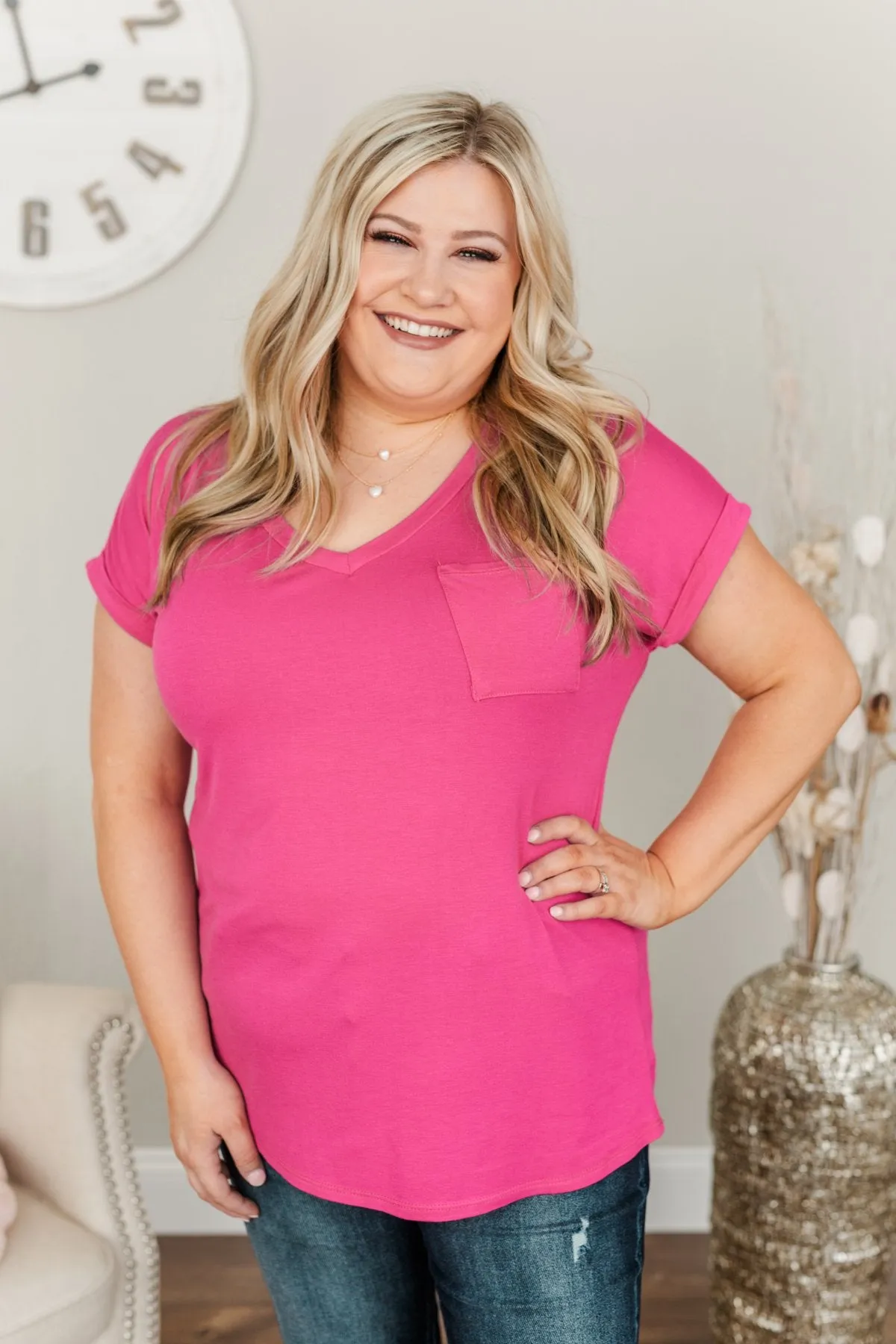 On My Own V-Neck Pocket Top- Hot Pink