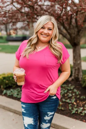 On My Own V-Neck Pocket Top- Hot Pink