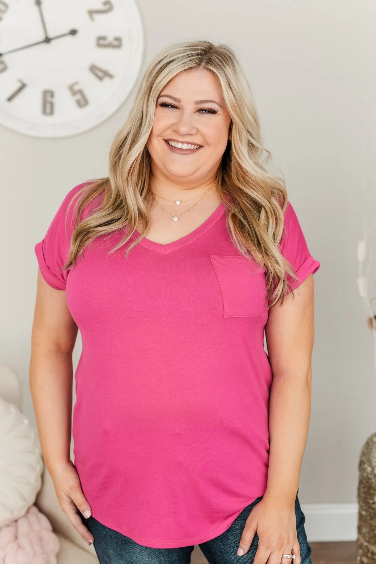 On My Own V-Neck Pocket Top- Hot Pink
