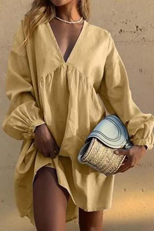 Oversized V Neck Puff Sleeve Dress