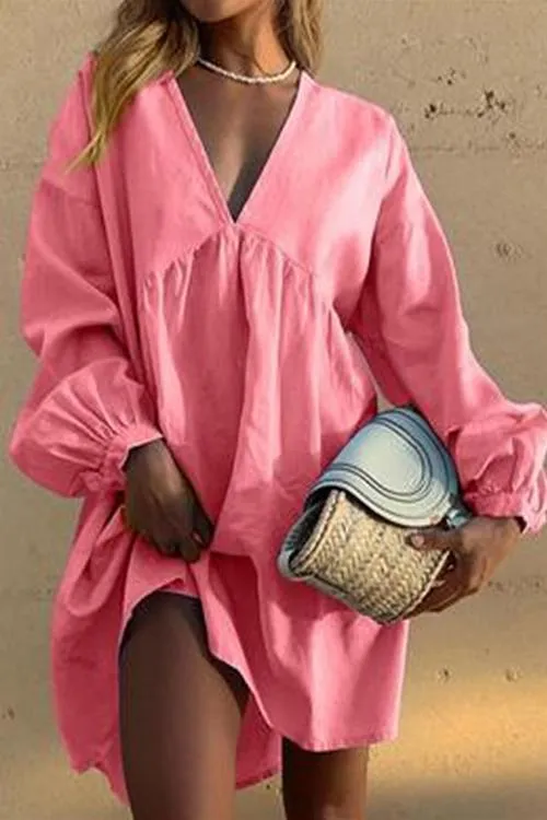 Oversized V Neck Puff Sleeve Dress