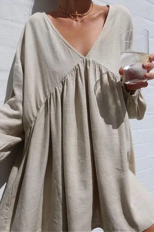 Oversized V Neck Puff Sleeve Dress
