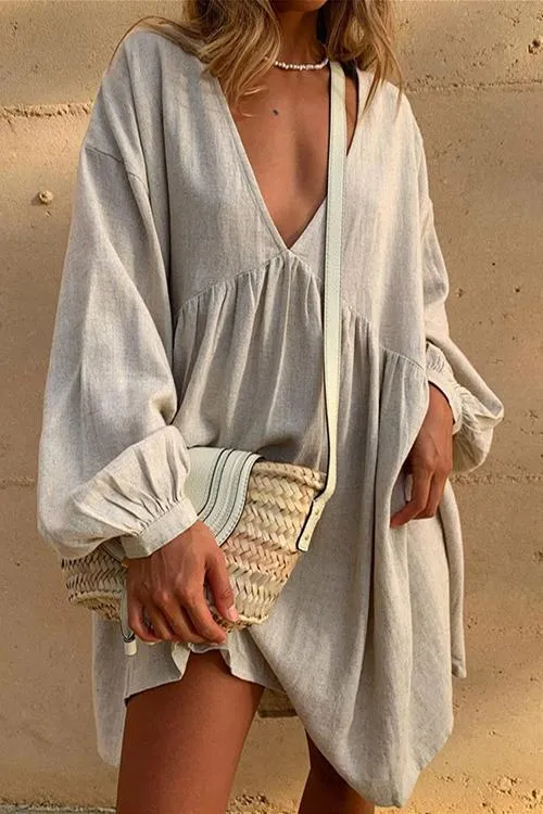 Oversized V Neck Puff Sleeve Dress