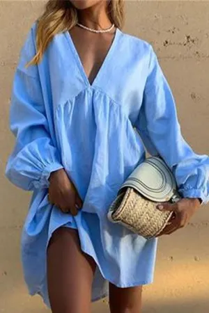 Oversized V Neck Puff Sleeve Dress