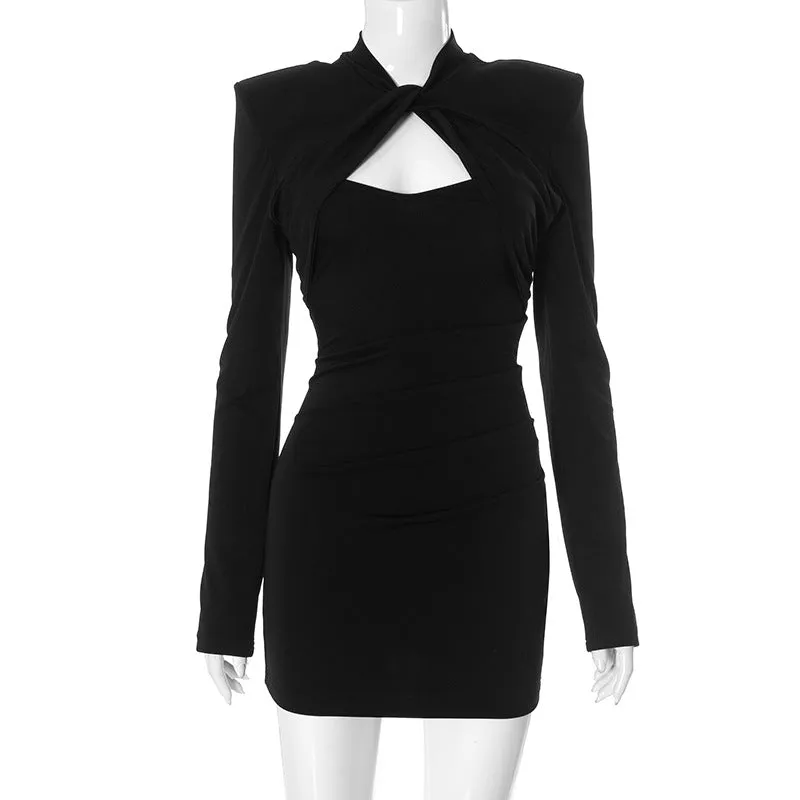 Padded Shoulder Twist Front Cut Out Mini Dress
