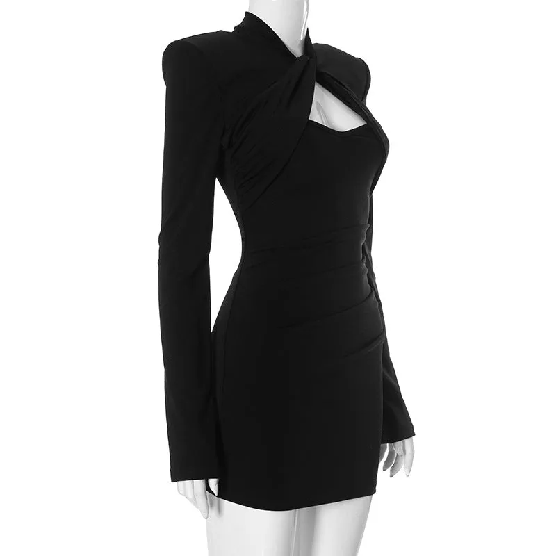 Padded Shoulder Twist Front Cut Out Mini Dress