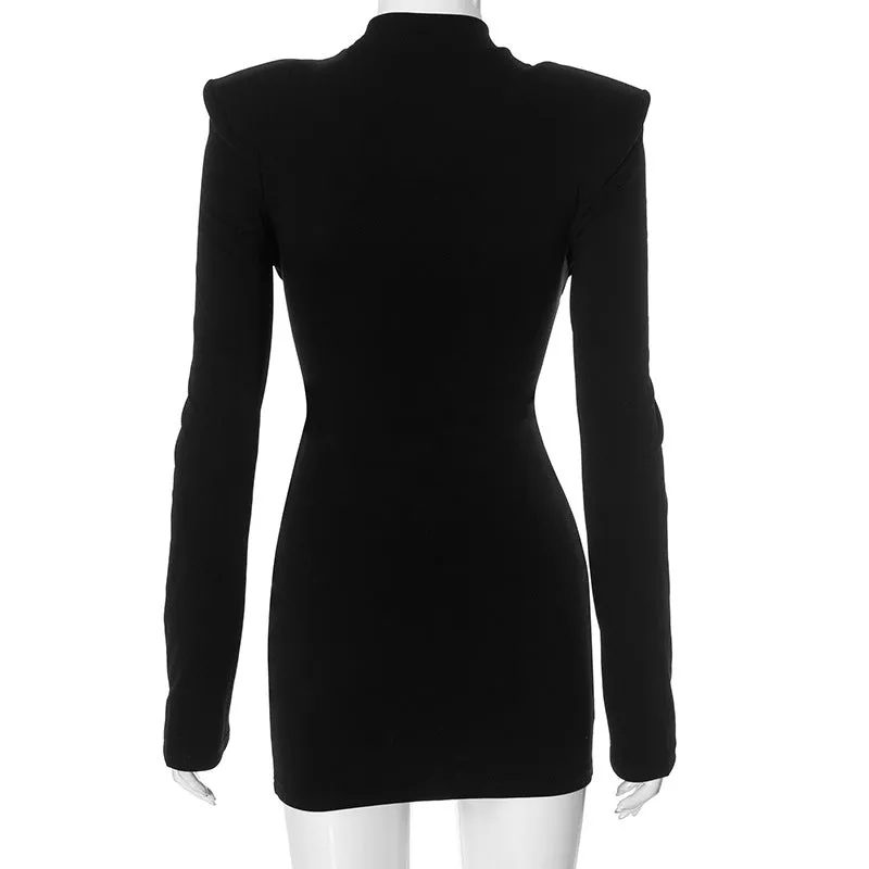 Padded Shoulder Twist Front Cut Out Mini Dress