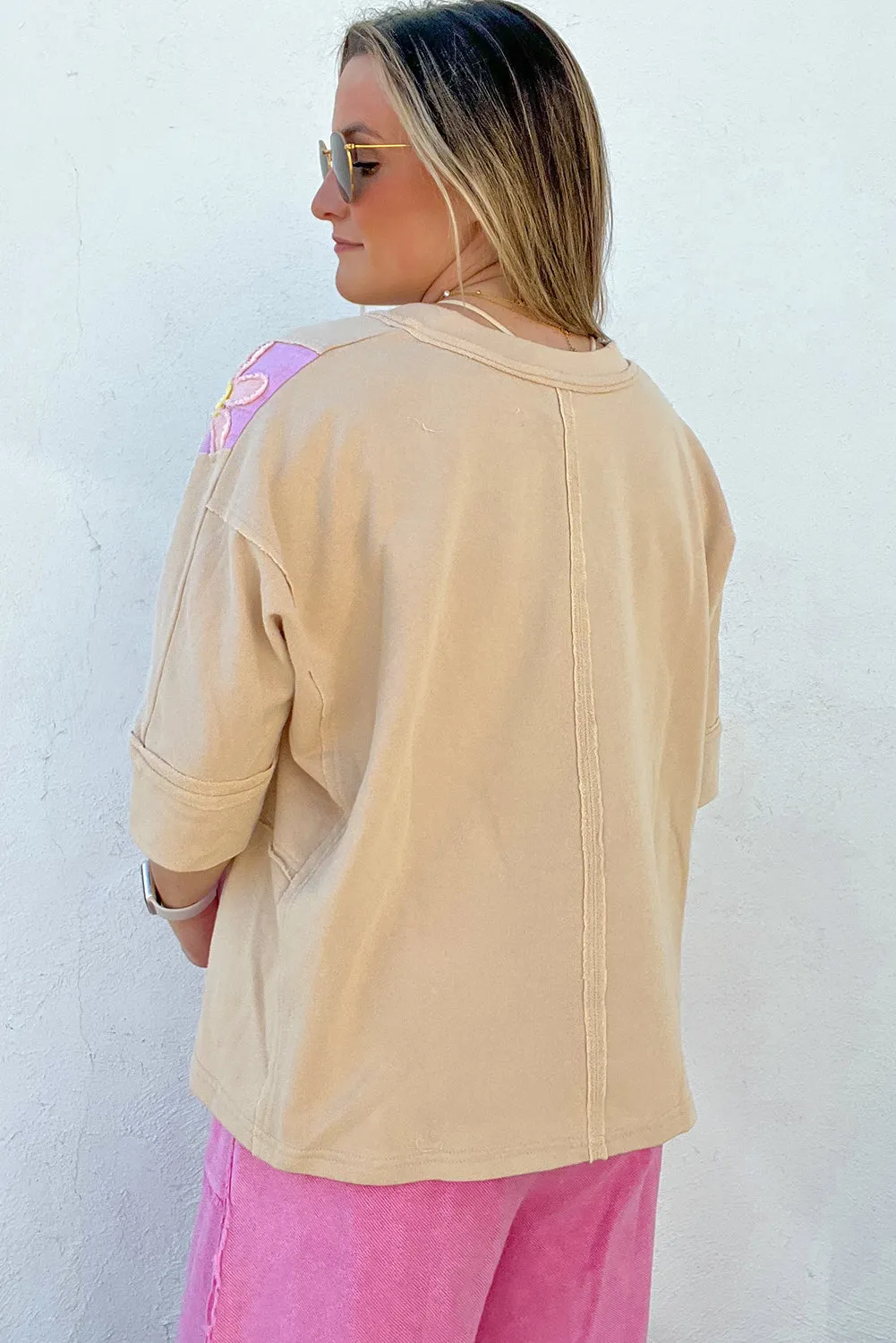 Parchment Daisy Patch Exposed Seam Half Sleeve Loose T Shirt