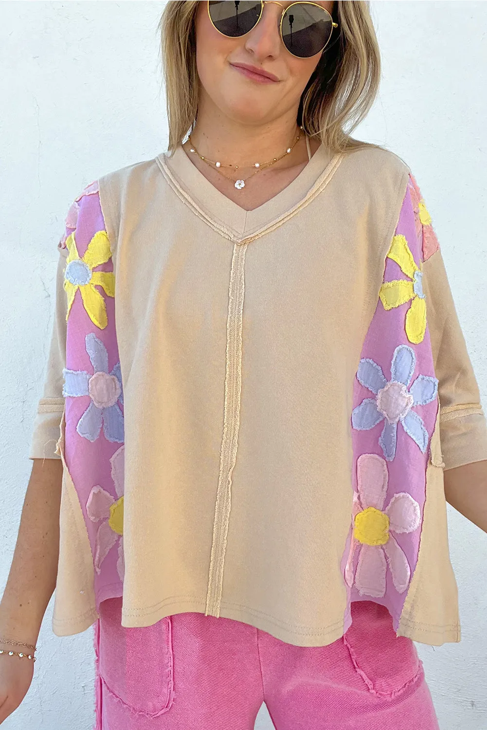 Parchment Daisy Patch Exposed Seam Half Sleeve Loose T Shirt