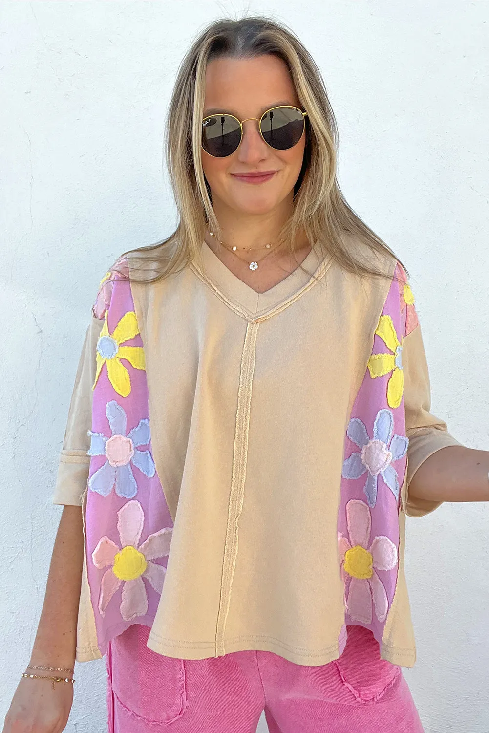 Parchment Daisy Patch Exposed Seam Half Sleeve Loose T Shirt