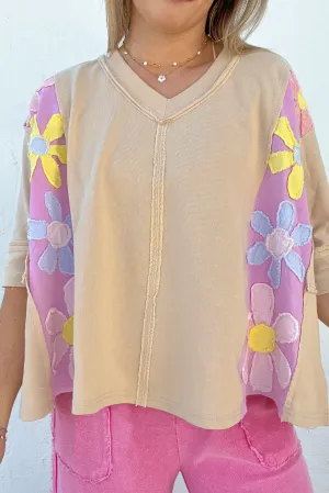 Parchment Daisy Patch Exposed Seam Half Sleeve Loose T Shirt