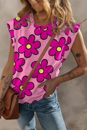Pink Plant Print Round Neck Cap Sleeve T Shirt