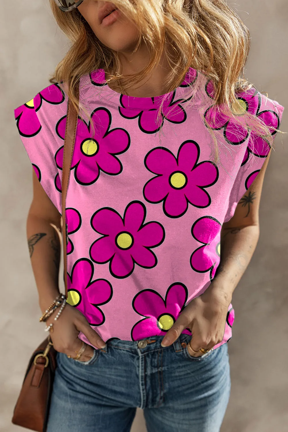 Pink Plant Print Round Neck Cap Sleeve T Shirt