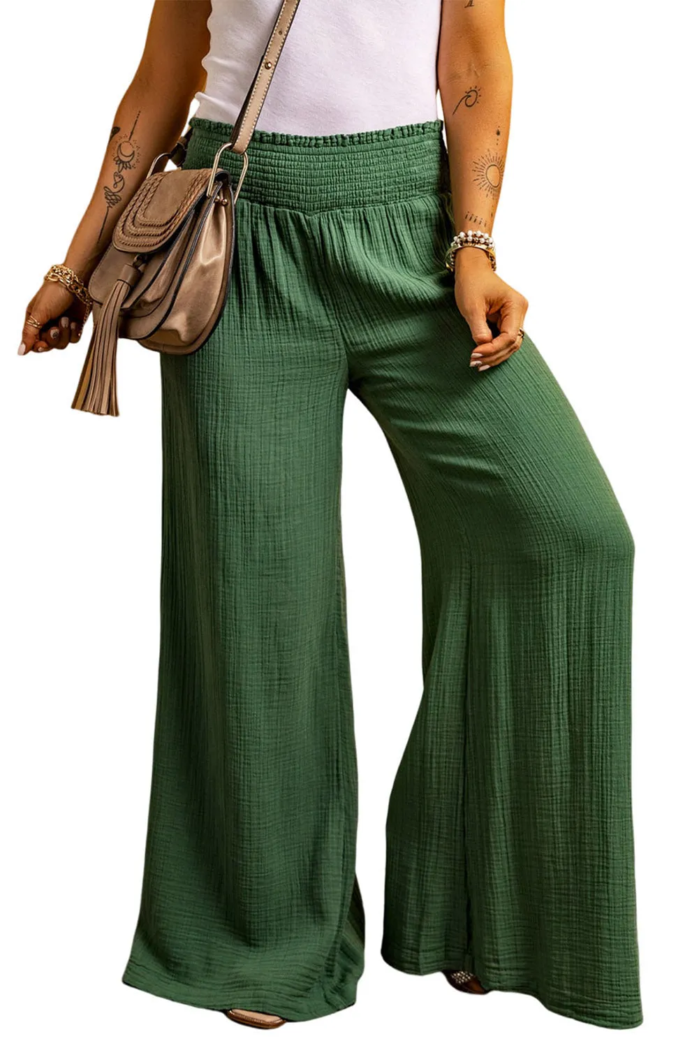 Pink Smocked Waist Crinkled Wide Leg Pants