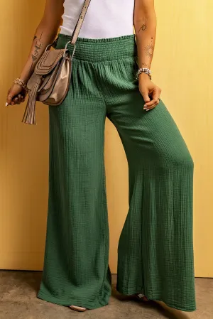 Pink Smocked Waist Crinkled Wide Leg Pants