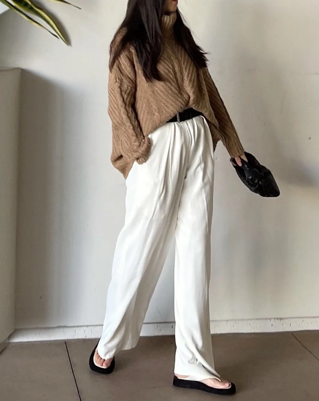 Pleated Wide Leg Linen Pants in Ivory