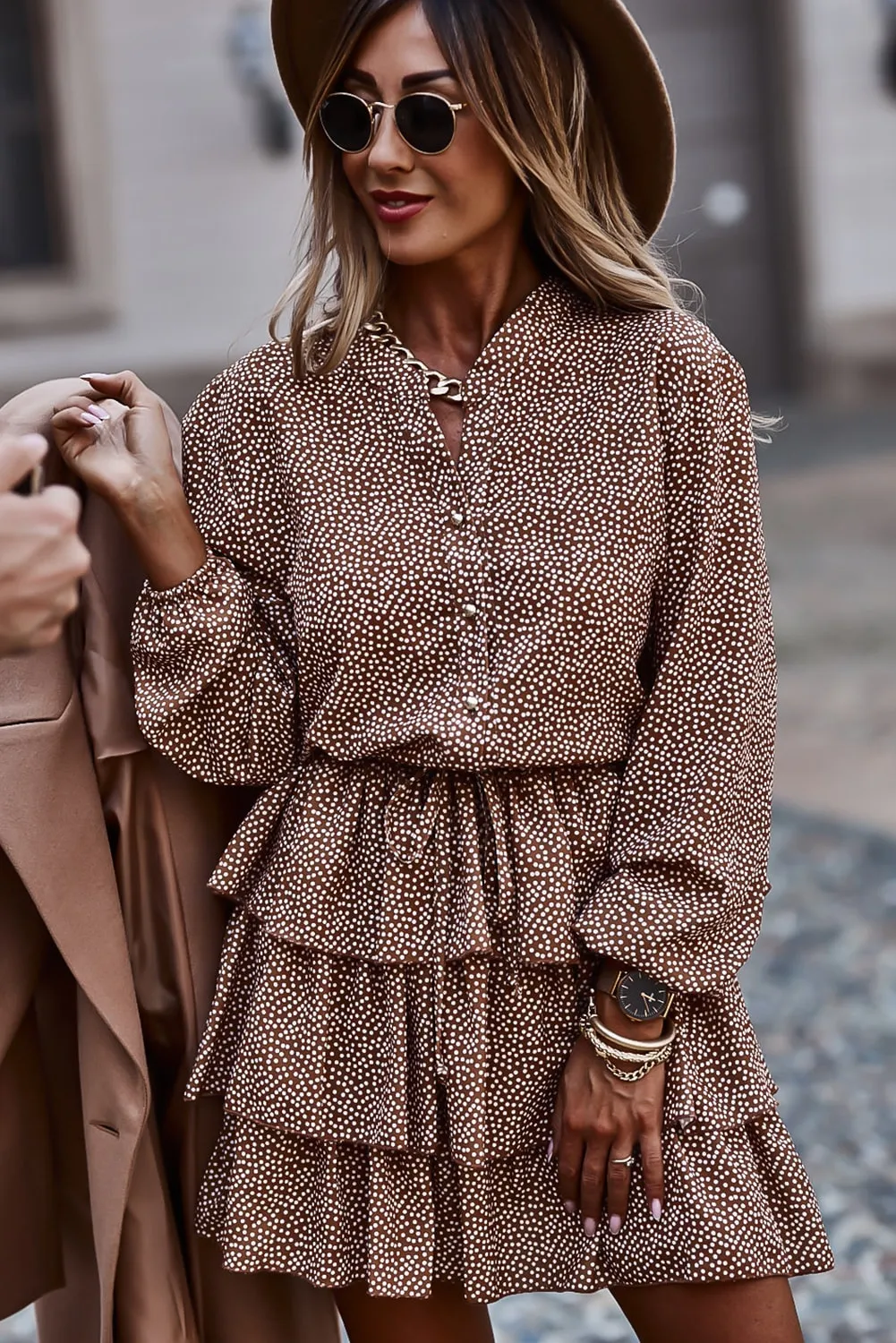 Polka Dot Print Tiered Ruffled High Waist Mini Dress