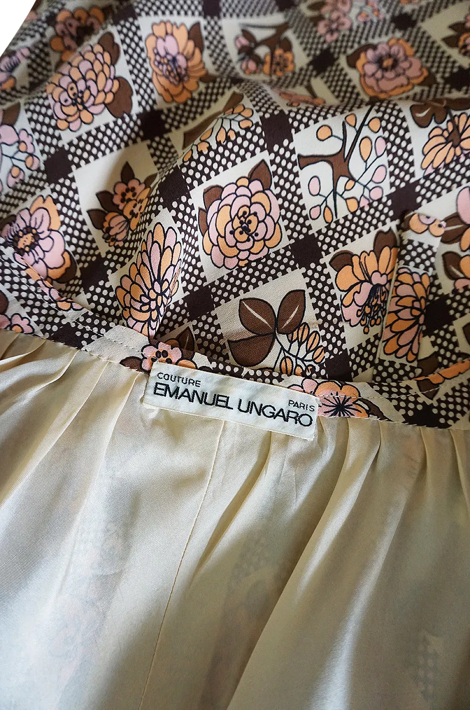Prettiest 1970s Emanuel Ungaro Haute Couture Full Sleeved Floral & Lattice Printed Silk Dress