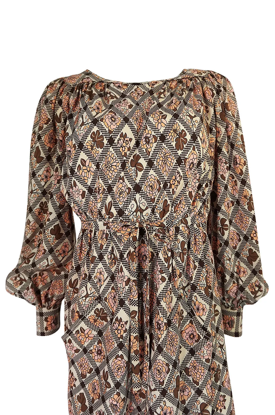 Prettiest 1970s Emanuel Ungaro Haute Couture Full Sleeved Floral & Lattice Printed Silk Dress