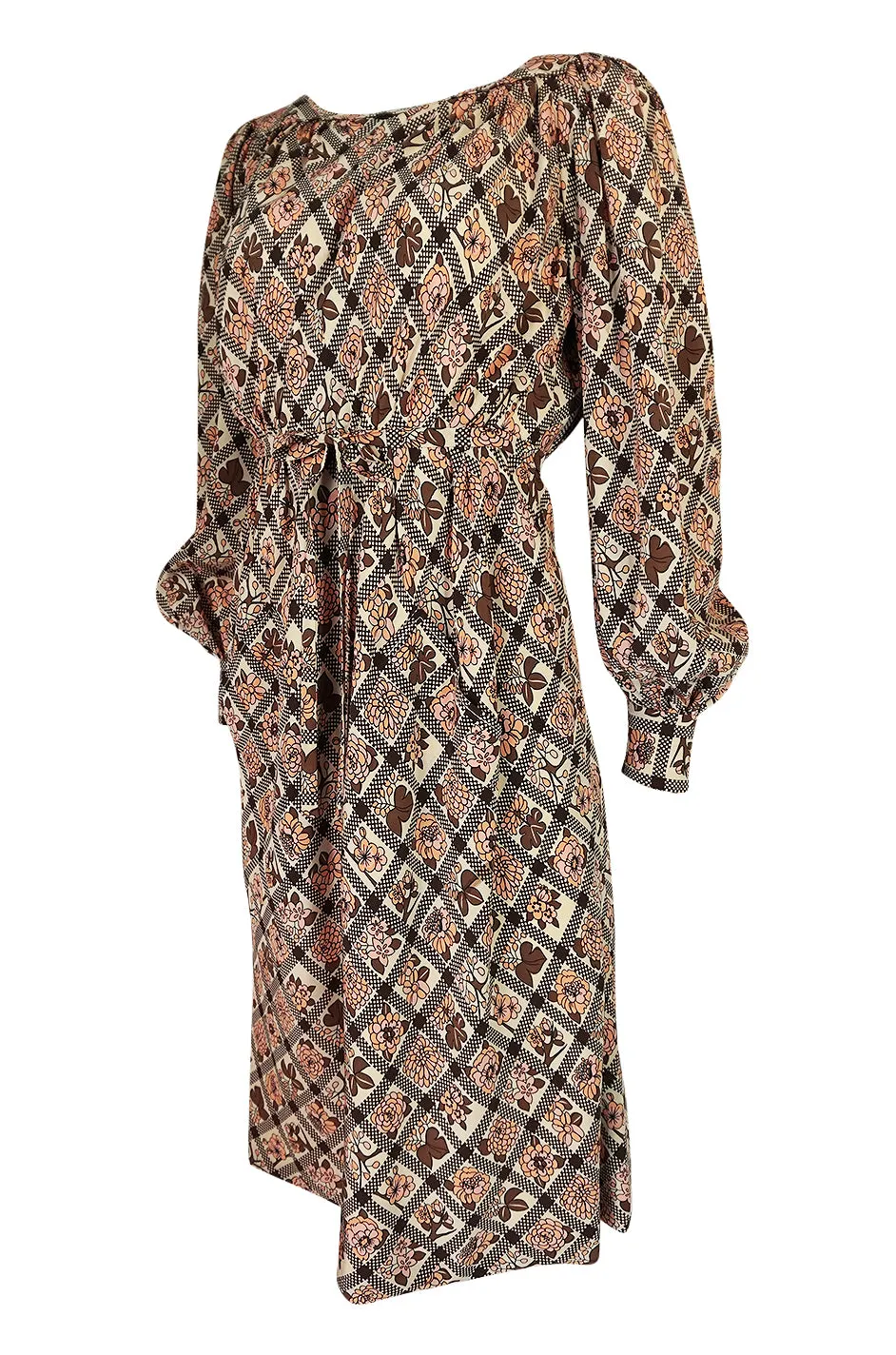 Prettiest 1970s Emanuel Ungaro Haute Couture Full Sleeved Floral & Lattice Printed Silk Dress