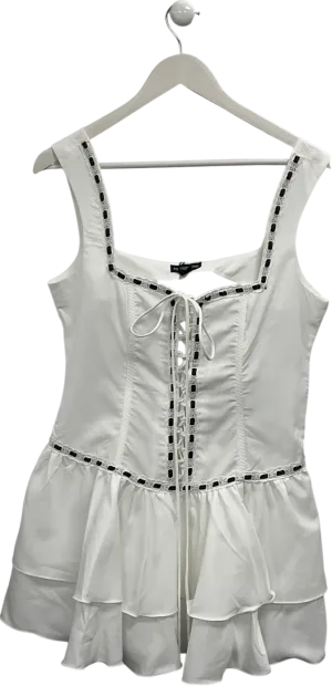 PrettyLittleThing White Woven Square Neck Lace Up Frill Mini Dress UK 12