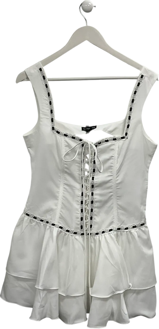 PrettyLittleThing White Woven Square Neck Lace Up Frill Mini Dress UK 12