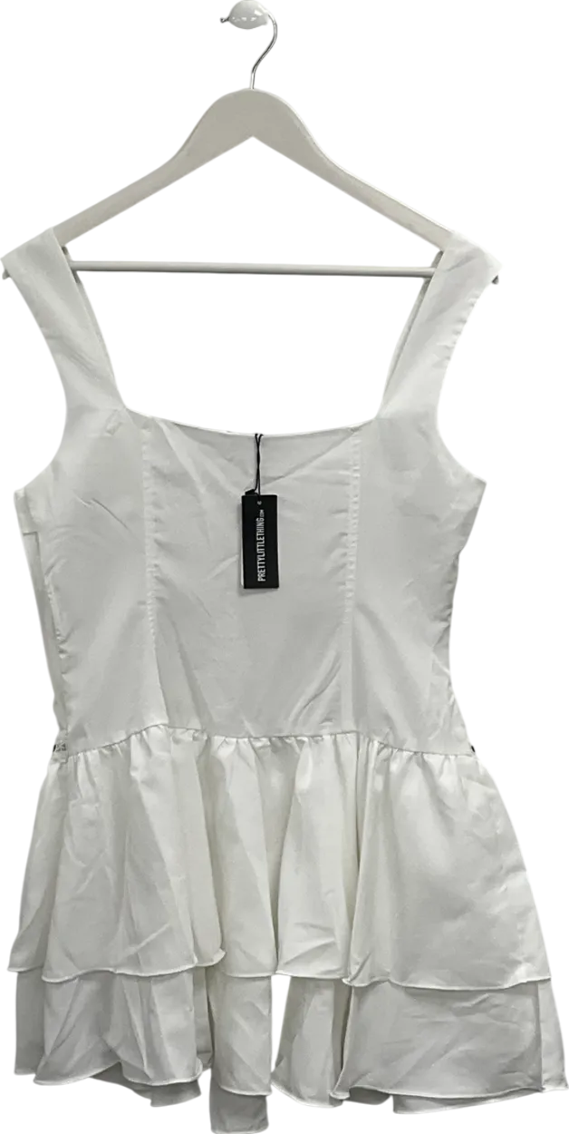 PrettyLittleThing White Woven Square Neck Lace Up Frill Mini Dress UK 12