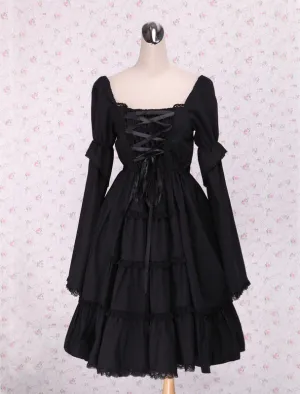 Pure Black Lolita One-piece Dress Long Sleeves Lace Up Shirring