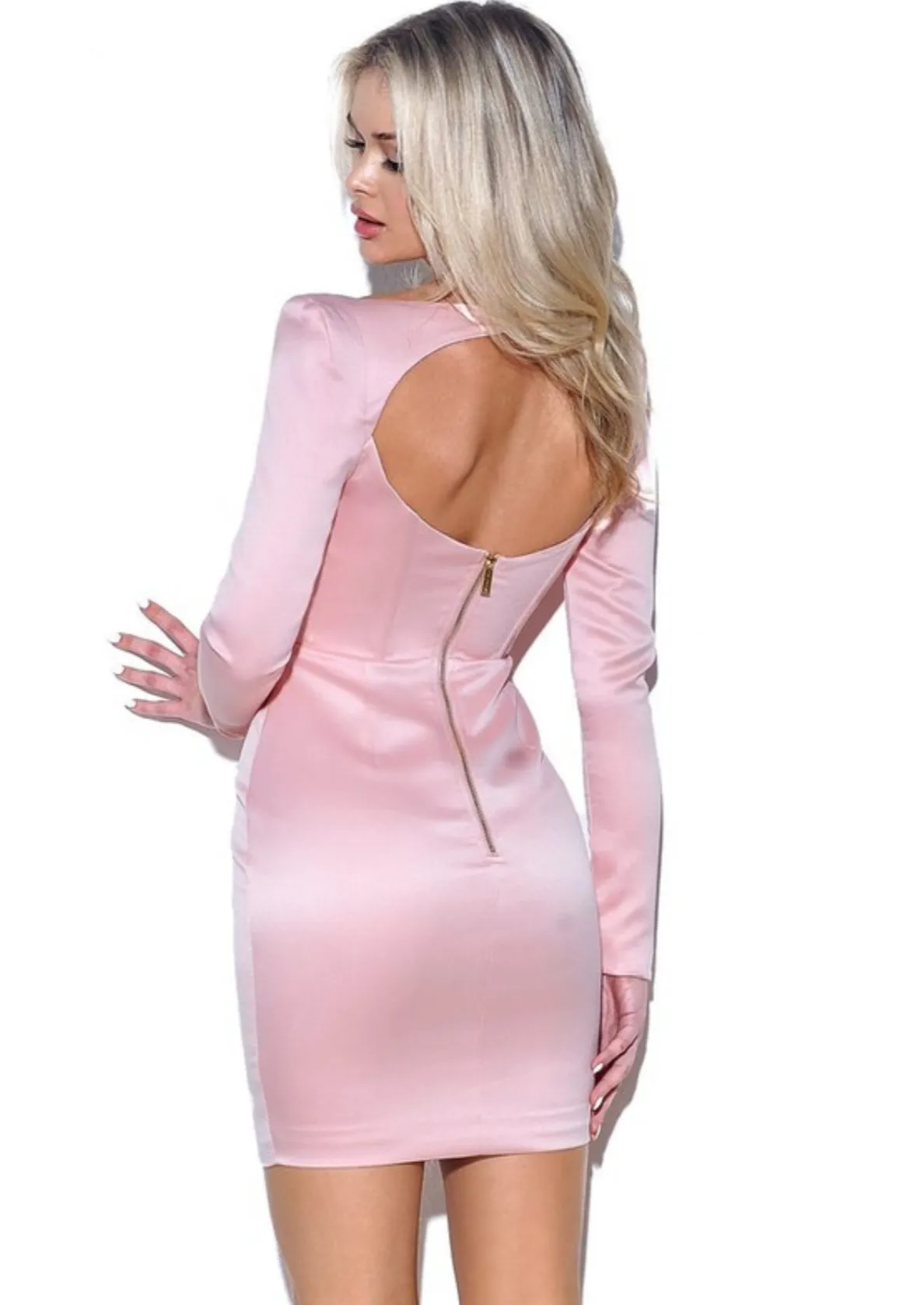 "ROCIO" PINK SATIN LONG SLEEVE MINI DRESS