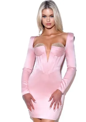 "ROCIO" PINK SATIN LONG SLEEVE MINI DRESS