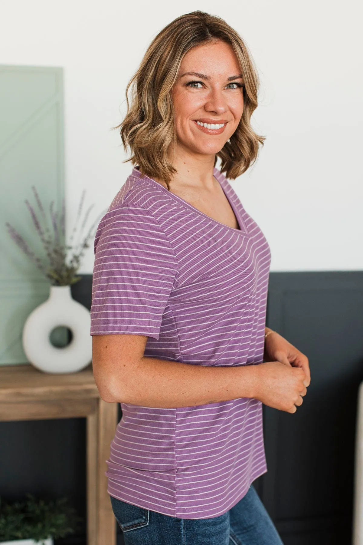 Radiate Confidence Striped V-Neck Top- Purple