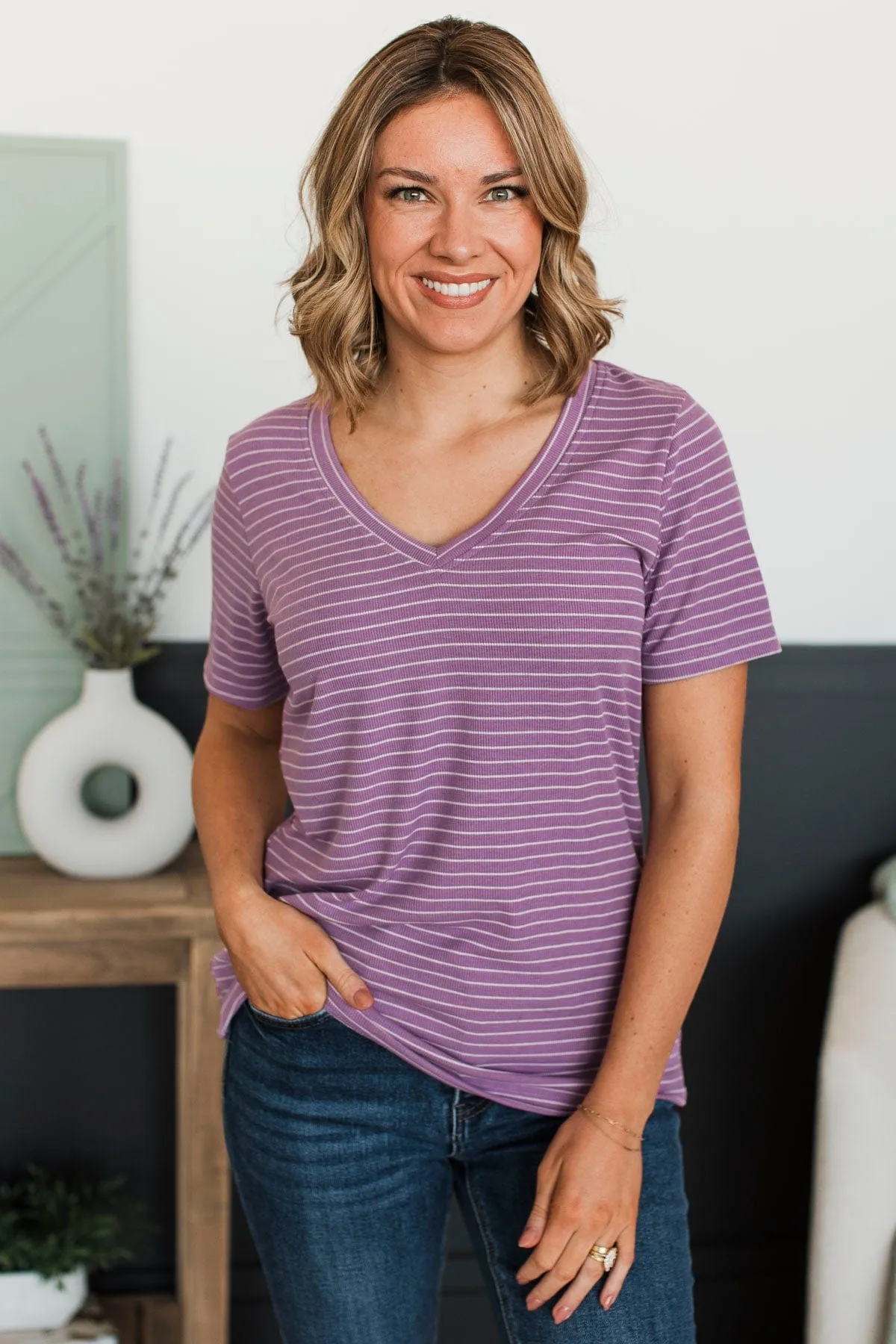 Radiate Confidence Striped V-Neck Top- Purple