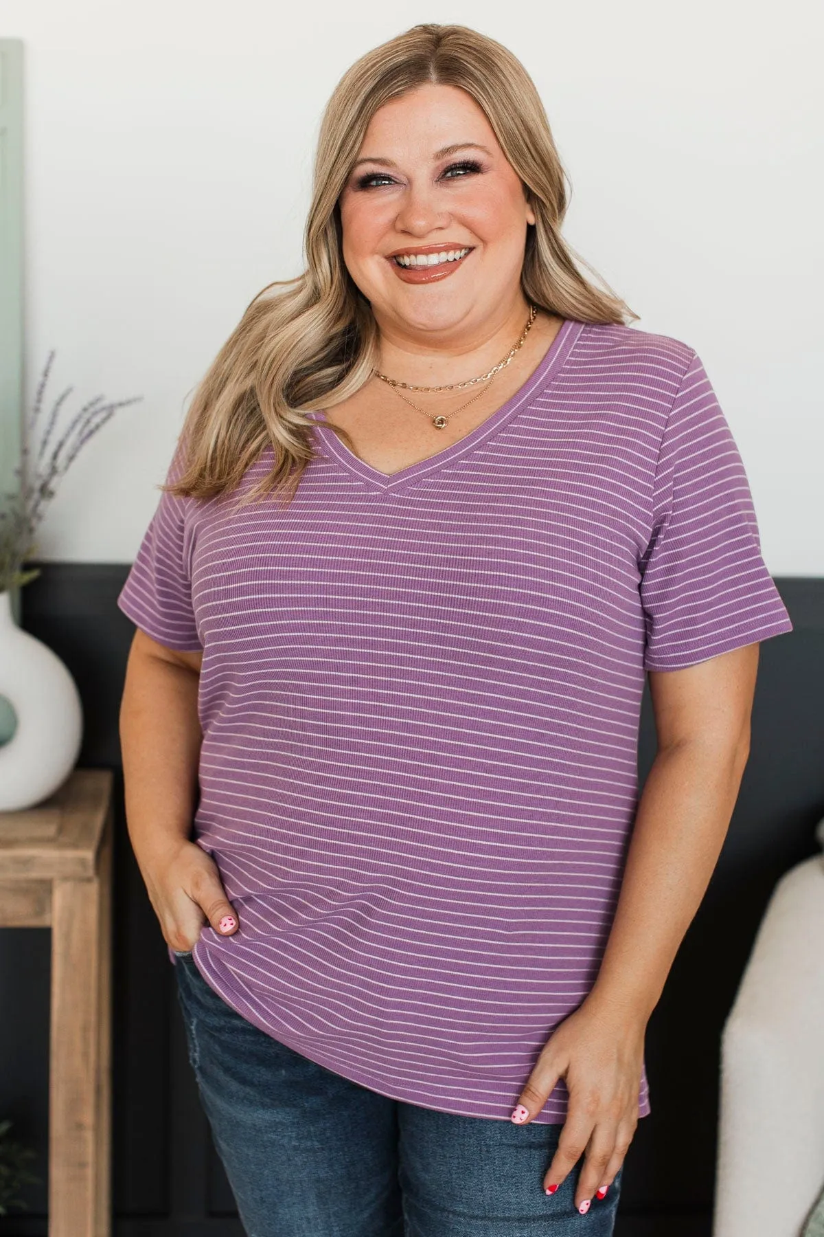 Radiate Confidence Striped V-Neck Top- Purple