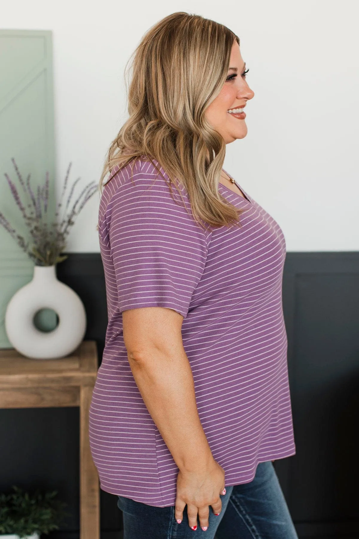 Radiate Confidence Striped V-Neck Top- Purple