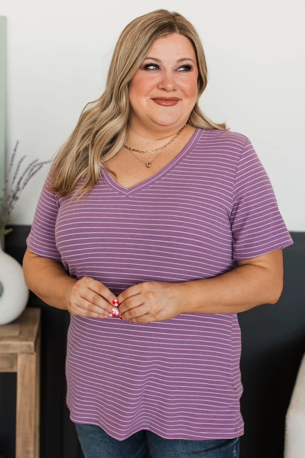 Radiate Confidence Striped V-Neck Top- Purple