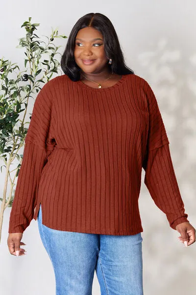 Ribbed Slit Knit Top- 5 Colors (Peacock, Black, Navy, Brick, Green)