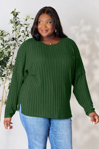 Ribbed Slit Knit Top- 5 Colors (Peacock, Black, Navy, Brick, Green)