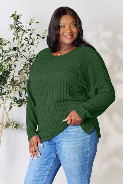 Ribbed Slit Knit Top- 5 Colors (Peacock, Black, Navy, Brick, Green)