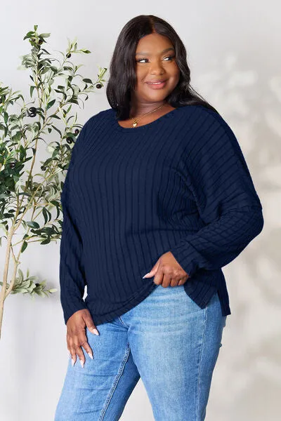 Ribbed Slit Knit Top- 5 Colors (Peacock, Black, Navy, Brick, Green)