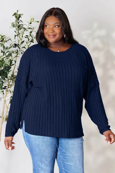 Ribbed Slit Knit Top- 5 Colors (Peacock, Black, Navy, Brick, Green)