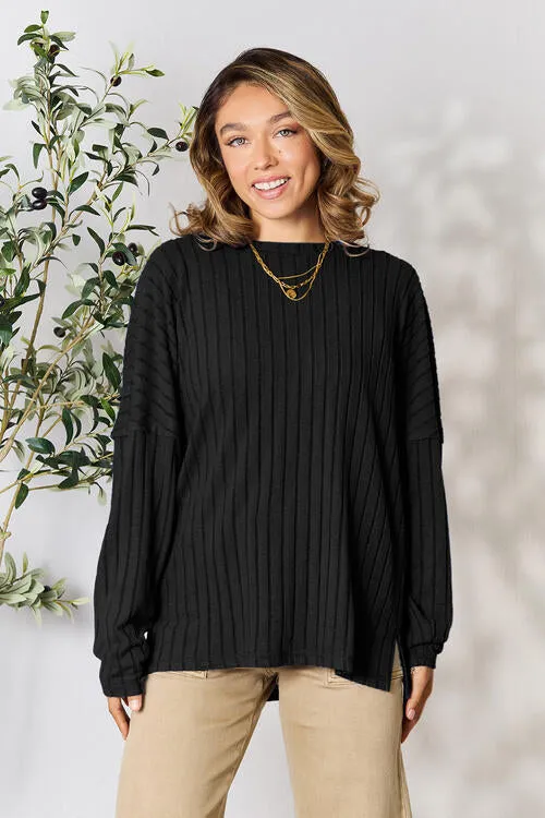 Ribbed Slit Knit Top- 5 Colors (Peacock, Black, Navy, Brick, Green)