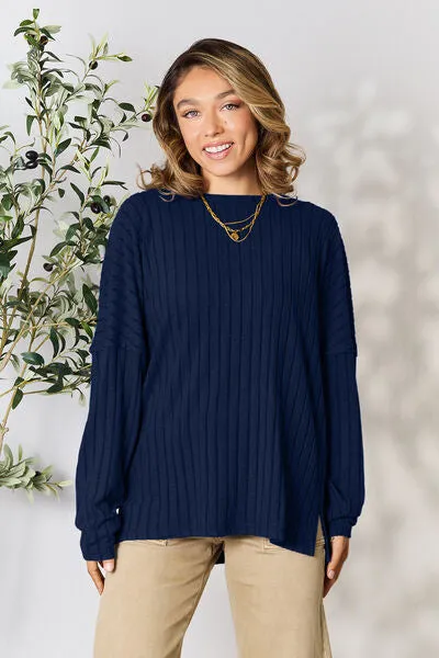 Ribbed Slit Knit Top- 5 Colors (Peacock, Black, Navy, Brick, Green)