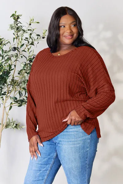 Ribbed Slit Knit Top- 5 Colors (Peacock, Black, Navy, Brick, Green)