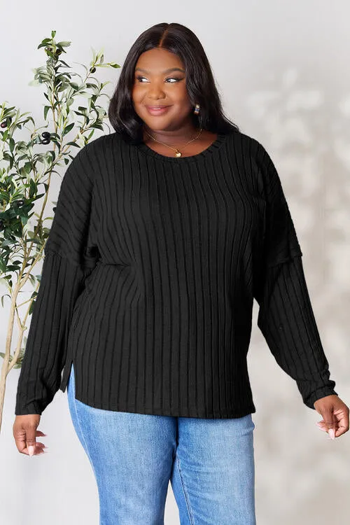 Ribbed Slit Knit Top- 5 Colors (Peacock, Black, Navy, Brick, Green)